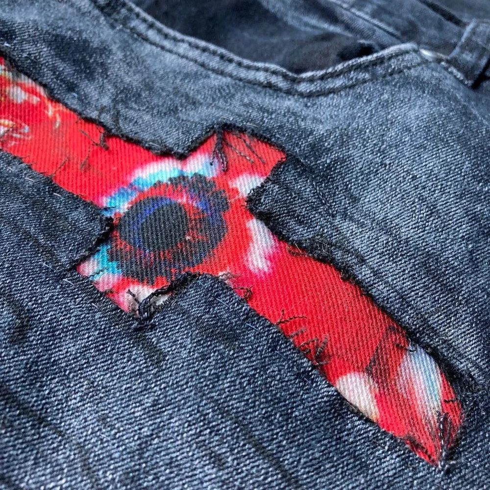 Acid Washed Black & Grey jeans with Metallic silver and CRIMSON Rose Tie Dye - Picture 8 of 17
